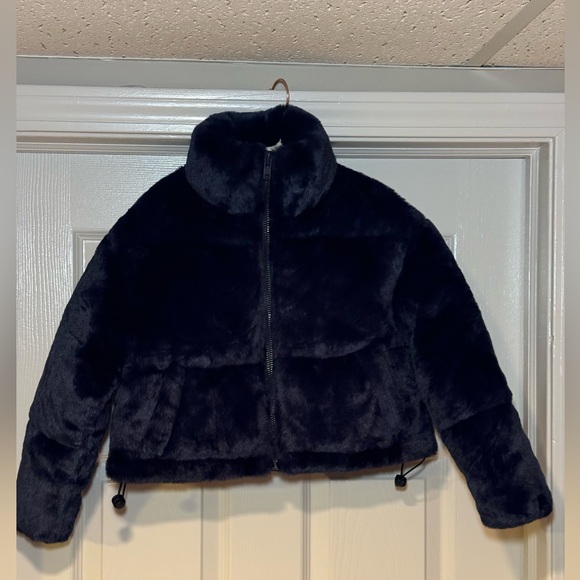 NWT Apparis Girls Billie Faux Fur Jacket Stand Collar Navy Blue - Picture 2 of 9